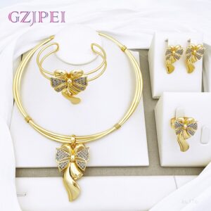 Jewelry sets for women in gold and silver colors, featuring a necklace set with a bow pendant, perfect for weddings, parties, and as a special gift.