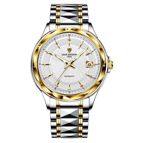 Swiss mechanism automatic men's mechanical watch with a luxury steel chain, offering 50m waterproof capabilities—a prestigious business watch for men.