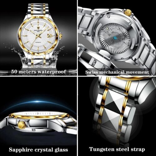 Swiss mechanism automatic men's mechanical watch with a luxury steel chain, offering 50m waterproof capabilities—a prestigious business watch for men.