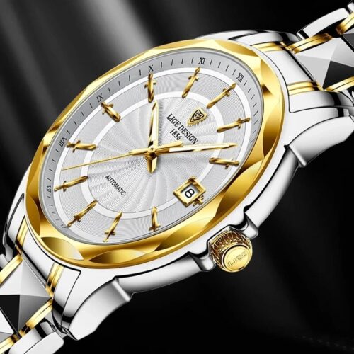 Swiss mechanism automatic men's mechanical watch with a luxury steel chain, offering 50m waterproof capabilities—a prestigious business watch for men.