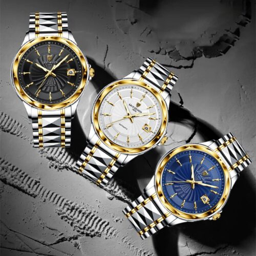 Swiss mechanism automatic men's mechanical watch with a luxury steel chain, offering 50m waterproof capabilities—a prestigious business watch for men.