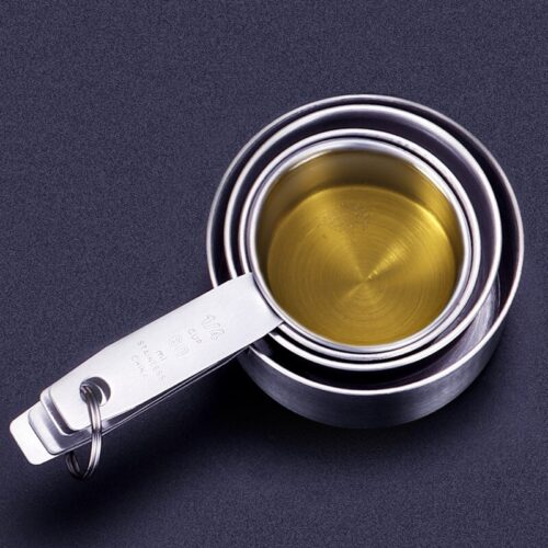 Image of a stainless-steel measuring cups and spoons set, a kitchen essential for precise ingredient measurements.