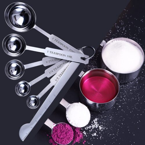 Image of a stainless-steel measuring cups and spoons set, a kitchen essential for precise ingredient measurements.