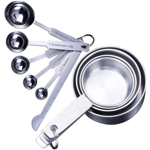 Image of a stainless-steel measuring cups and spoons set, a kitchen essential for precise ingredient measurements.