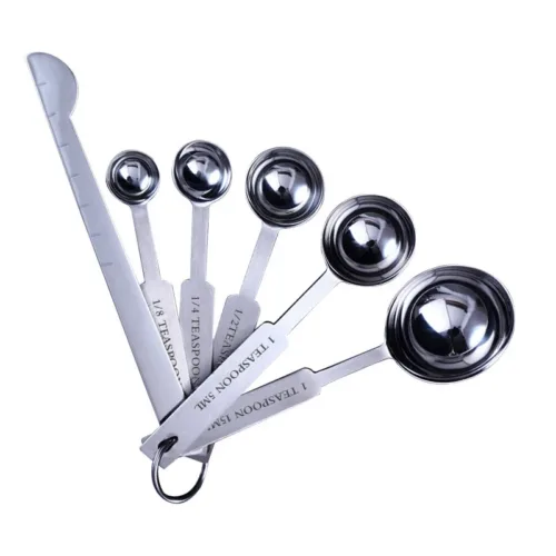 Image of a stainless-steel measuring cups and spoons set, a kitchen essential for precise ingredient measurements.