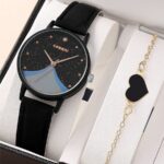 Women Quartz Watch with Heart Bracelet Fashion Casual Round Pointer Quartz Watch Dainty Black