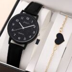 Women Quartz Watch with Heart Bracelet Fashion Casual Round Pointer Quartz Watch Dainty Black