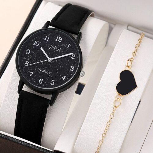 Quartz Watch and Heart Bracelet Set for Stylish Women