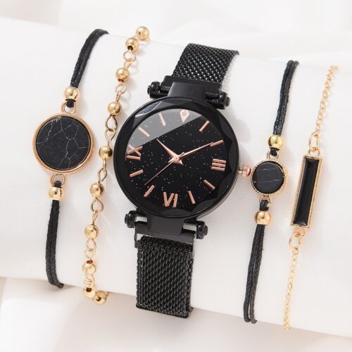 Women Luxury Fashion Watches with 4 Pcs Magnet Bracelet Set