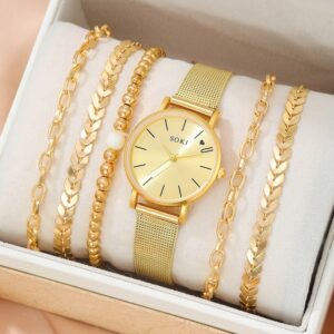 This set of women's watches and matching bracelets is a showcase of timeless elegance and versatility. The watches are beautifully designed in both silver and gold tones,