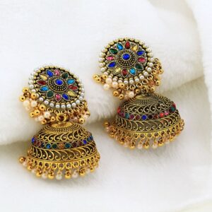 Exquisite earrings with a bohemian style, featuring ornate gold plating and charming bell accents.