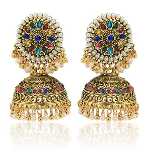 Exquisite earrings with a bohemian style, featuring ornate gold plating and charming bell accents.