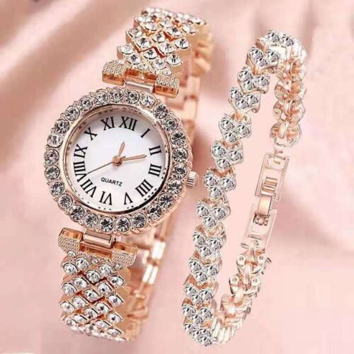 luxury rhinestone watches with a matching bracelet, designed for women.