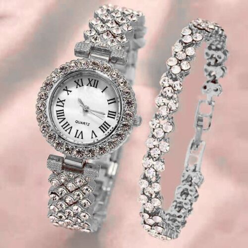luxury rhinestone watches with a matching bracelet, designed for women.