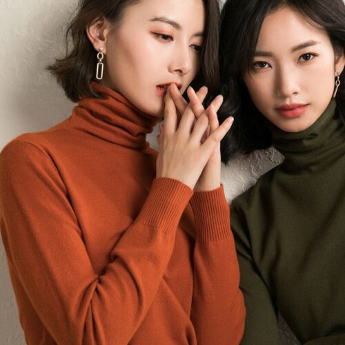Women knitted high-neck sweater, a cozy and stylish winter garment.