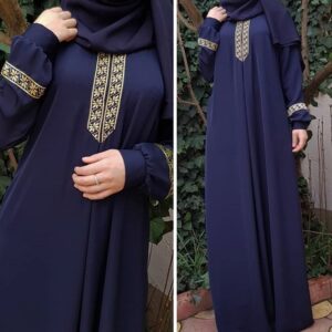 A women's long sleeve casual abaya with elegant embroidery. The abaya features intricate floral patterns and is designed for comfortable, everyday wear.