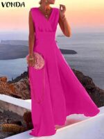 Sleeveless Party Maxi Long Dress for Women Sundress 2023 Vintage Solid Color V-Neck Swing Dress Robe