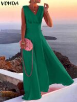 Sleeveless Party Maxi Long Dress for Women Sundress 2023 Vintage Solid Color V-Neck Swing Dress Robe
