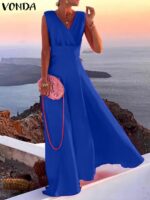 Sleeveless Party Maxi Long Dress for Women Sundress 2023 Vintage Solid Color V-Neck Swing Dress Robe