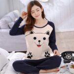 Spring Thin 2pieces Pajamas Set Women Tops 2023 Cotton Round Neck Girls Pajamas Sets Teacup Cat Sleepwear Clothes Pajamas