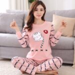 Spring Thin 2pieces Pajamas Set Women Tops 2023 Cotton Round Neck Girls Pajamas Sets Teacup Cat Sleepwear Clothes Pajamas