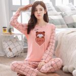 Spring Thin 2pieces Pajamas Set Women Tops 2023 Cotton Round Neck Girls Pajamas Sets Teacup Cat Sleepwear Clothes Pajamas