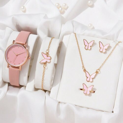 luxury leather analog watch set designed for women with Matching Bracelet, Earrings, Necklace