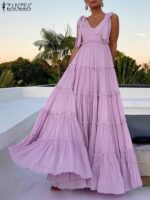 Loose Maxi Casual Vintage Sleeveless V-Neck Zipper Vestidos Women Summer Solid Color Dress Sleeve