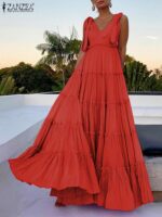 Loose Maxi Casual Vintage Sleeveless V-Neck Zipper Vestidos Women Summer Solid Color Dress Sleeve