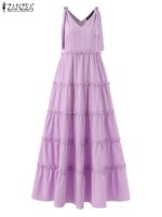 Loose Maxi Casual Vintage Sleeveless V-Neck Zipper Vestidos Women Summer Solid Color Dress Sleeve