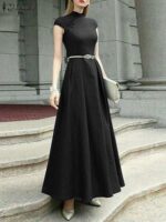 Women Party Maxi Dress Short Sleeve Chinese Style Button Knot Robe Vintage Oversize Cinched Waist Modern Women Dress