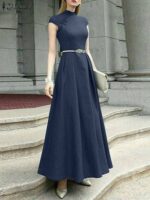 Women Party Maxi Dress Short Sleeve Chinese Style Button Knot Robe Vintage Oversize Cinched Waist Modern Women Dress