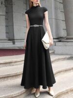 Women Party Maxi Dress Short Sleeve Chinese Style Button Knot Robe Vintage Oversize Cinched Waist Modern Women Dress