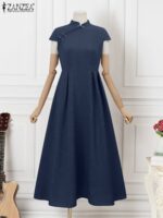 Women Party Maxi Dress Short Sleeve Chinese Style Button Knot Robe Vintage Oversize Cinched Waist Modern Women Dress