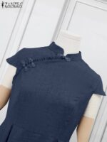 Women Party Maxi Dress Short Sleeve Chinese Style Button Knot Robe Vintage Oversize Cinched Waist Modern Women Dress