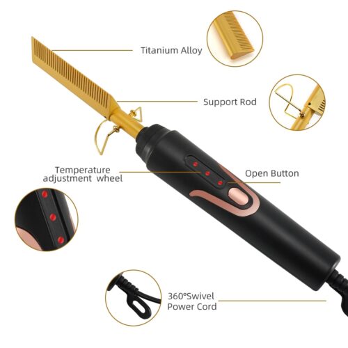 A heated comb designed for straightening hair, offering sleek and smooth results especially for curly hairs