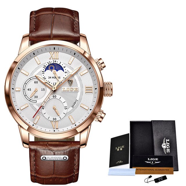 New Men s Watches LIGE Top Brand Leather Chronograph Waterproof Sport Automatic Quartz Watch for Men