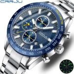 CRRJU Men Watch 2023 Fashion Sports Chronograph Wristwatches Stainless Steel Strap with Auto Date