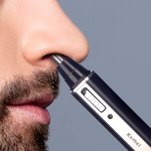 A battery-operated trimmer designed for safe and effective nose hair grooming.