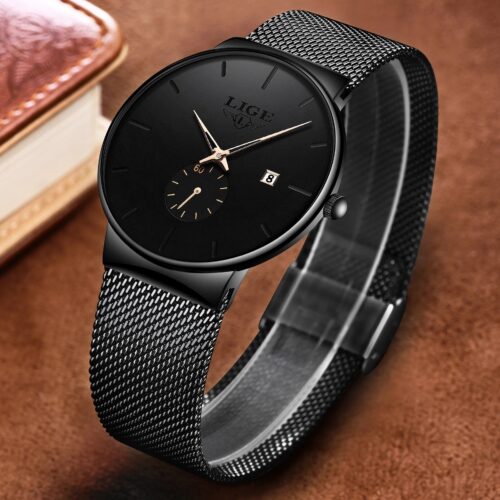 High-end men's Wristwatch featuring a sleek and slim steel mesh strap for a sophisticated look.