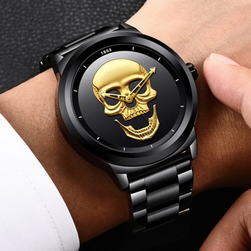 A high-end wristwatch with a distinctive skull-shaped dial, epitomizing luxury and style.