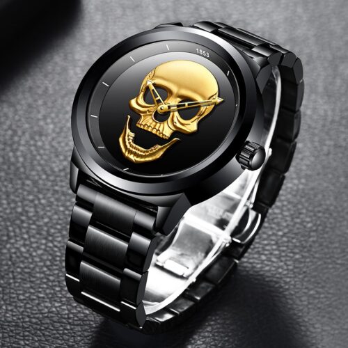 A high-end wristwatch with a distinctive skull-shaped dial, epitomizing luxury and style.
