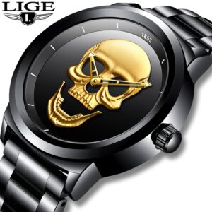 A high-end wristwatch with a distinctive skull-shaped dial, epitomizing luxury and style.