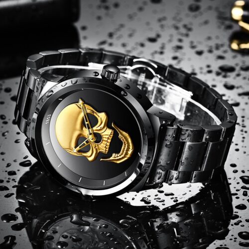 A high-end wristwatch with a distinctive skull-shaped dial, epitomizing luxury and style.