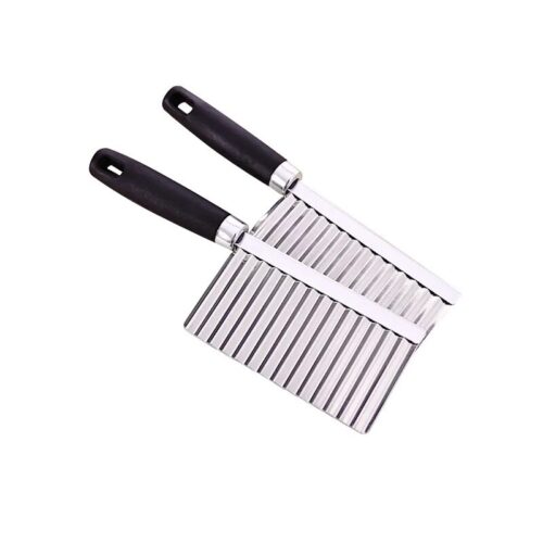 Potato wavy cutting tool for creating decorative and textured potato slices.