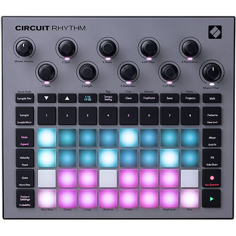 Novation Circuit Rhythm, a self-contained groove sampler, perfect for electronic music production and live performances.