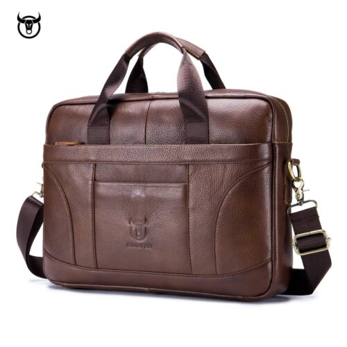 Vintage-inspired genuine leather men's briefcase with a postman-style design, perfect for business and daily use.