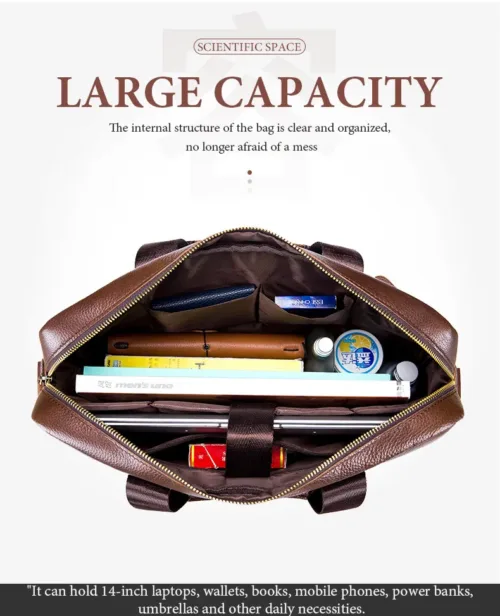Vintage-inspired genuine leather men's briefcase with a postman-style design, perfect for business and daily use.