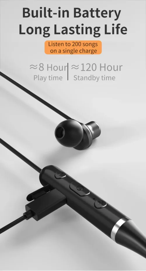 Bluetooth headphones with a neckband design for wireless audio convenience.