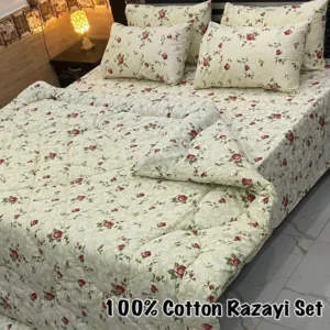 King Size Pure Cotton Matching Razai Set with 4 Pillow Covers and 1 Bed Sheet (90"×95")